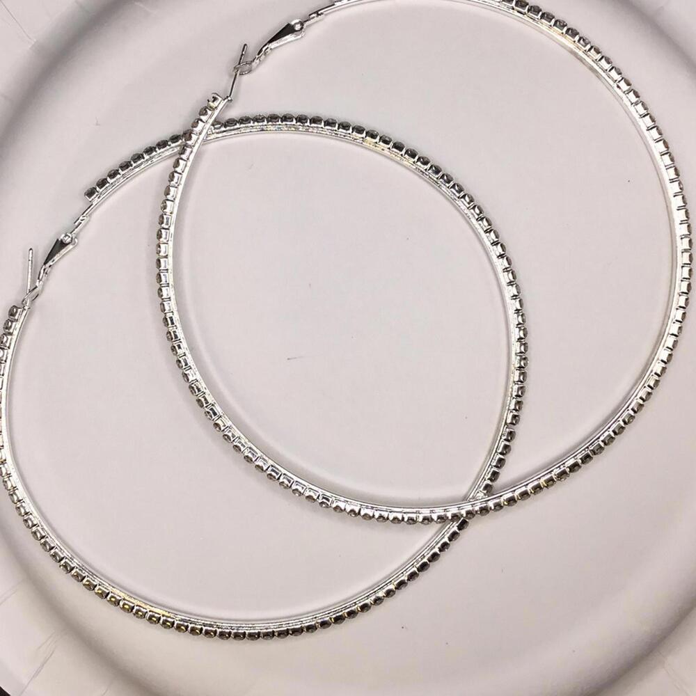 Large 4.5 Inch Hoop Earrings Silver Rhinestone Pave Hoop Earrings Silver Tone